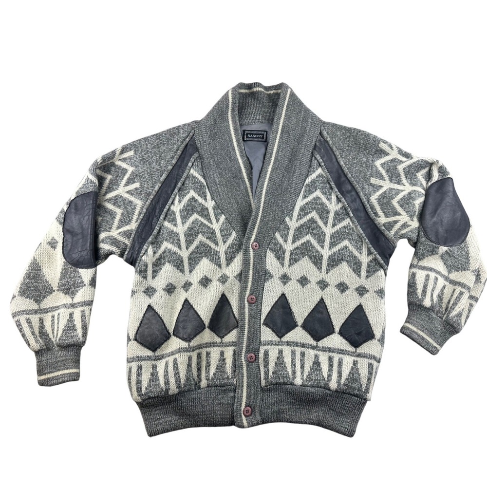 Vintage Saxony Sweater Men M Gray Geometric Chevron Leather Wool‎ Elbow Patches